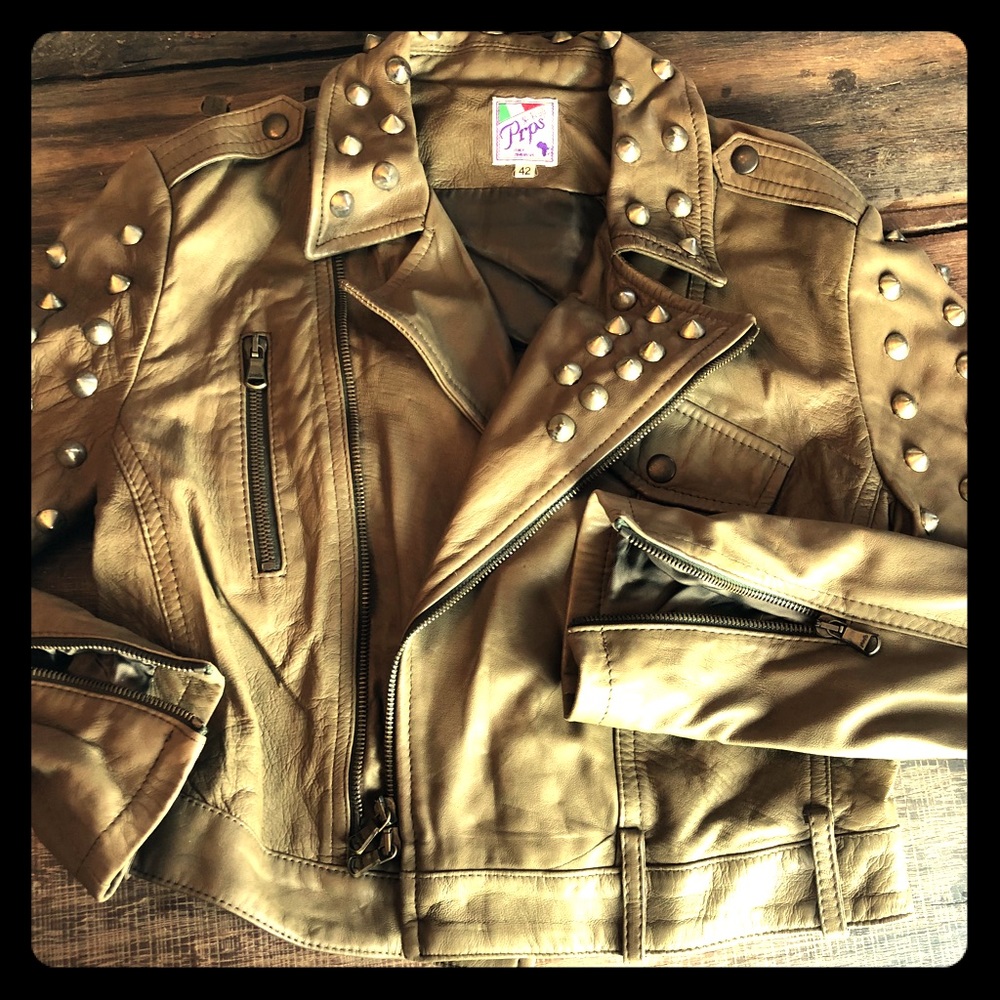 PRPS army green studded leather moto